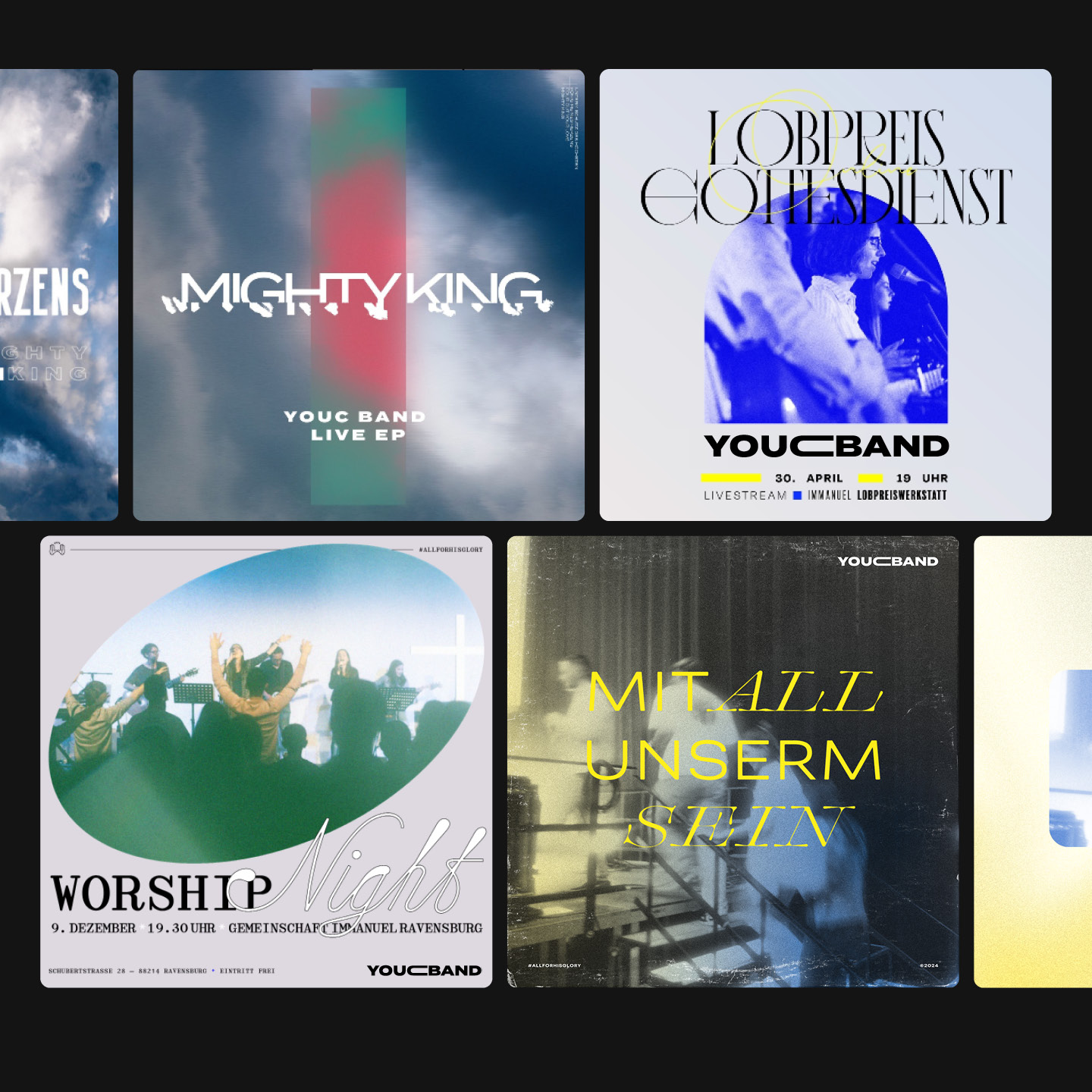 Collage von vier Coverbildern mit YouCBand: ein Himmelshintergrund mit Text, ein Foto einer Live-Performance in Blau, ein Plakat für einen Lobpreis-Gottesdienst, und ein Bild mit dem Text 'Mit all unserm Sein'.