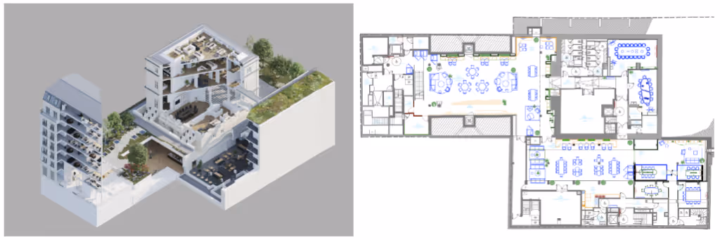 Plan architecturale de Morning Trévise et du socle commun qui relie les bâtiments entre eux