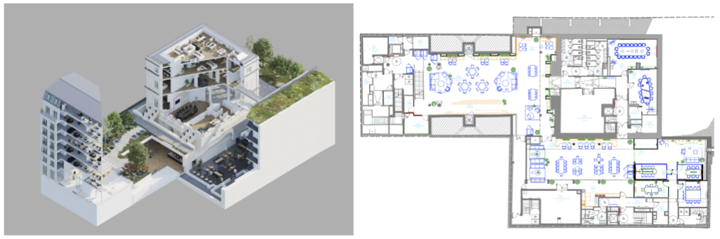 Plan architecturale de Morning Trévise et du socle commun qui relie les bâtiments entre eux