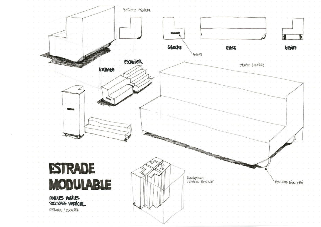 Croquis d'une estrade modulable sur-mesure réalisé par l'atelier Morning