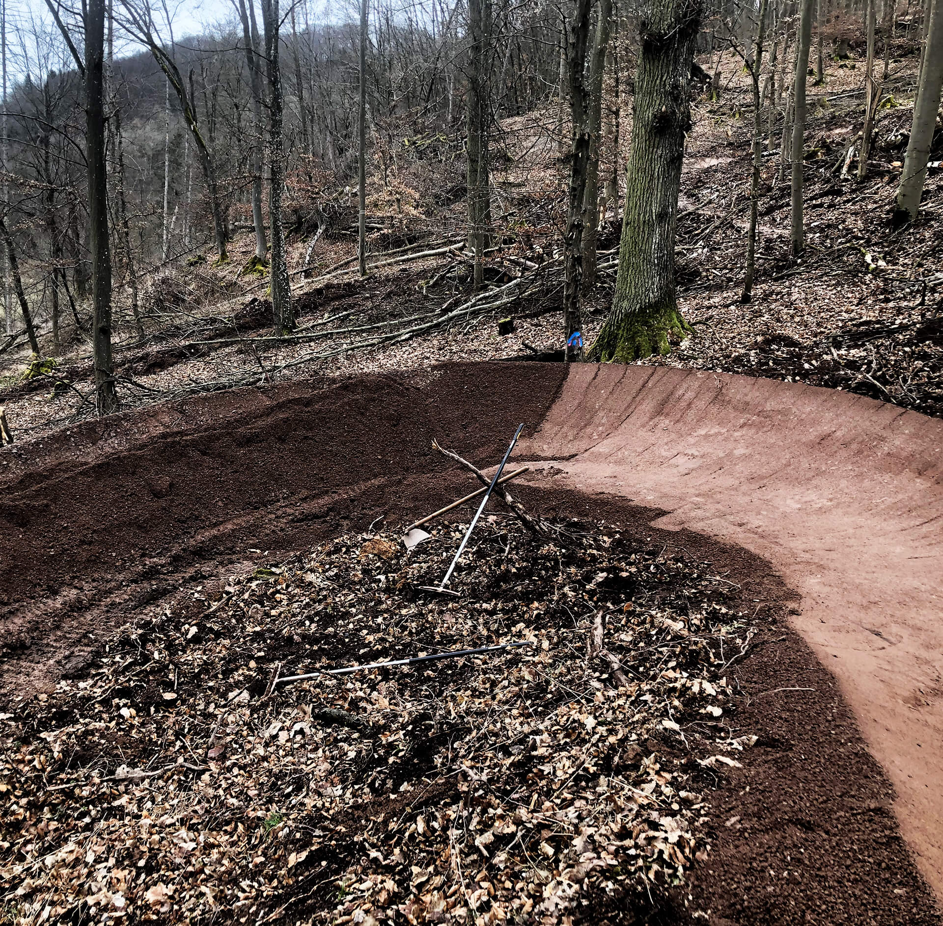 curve mountainbiketrail fully builded in the forest in construction
