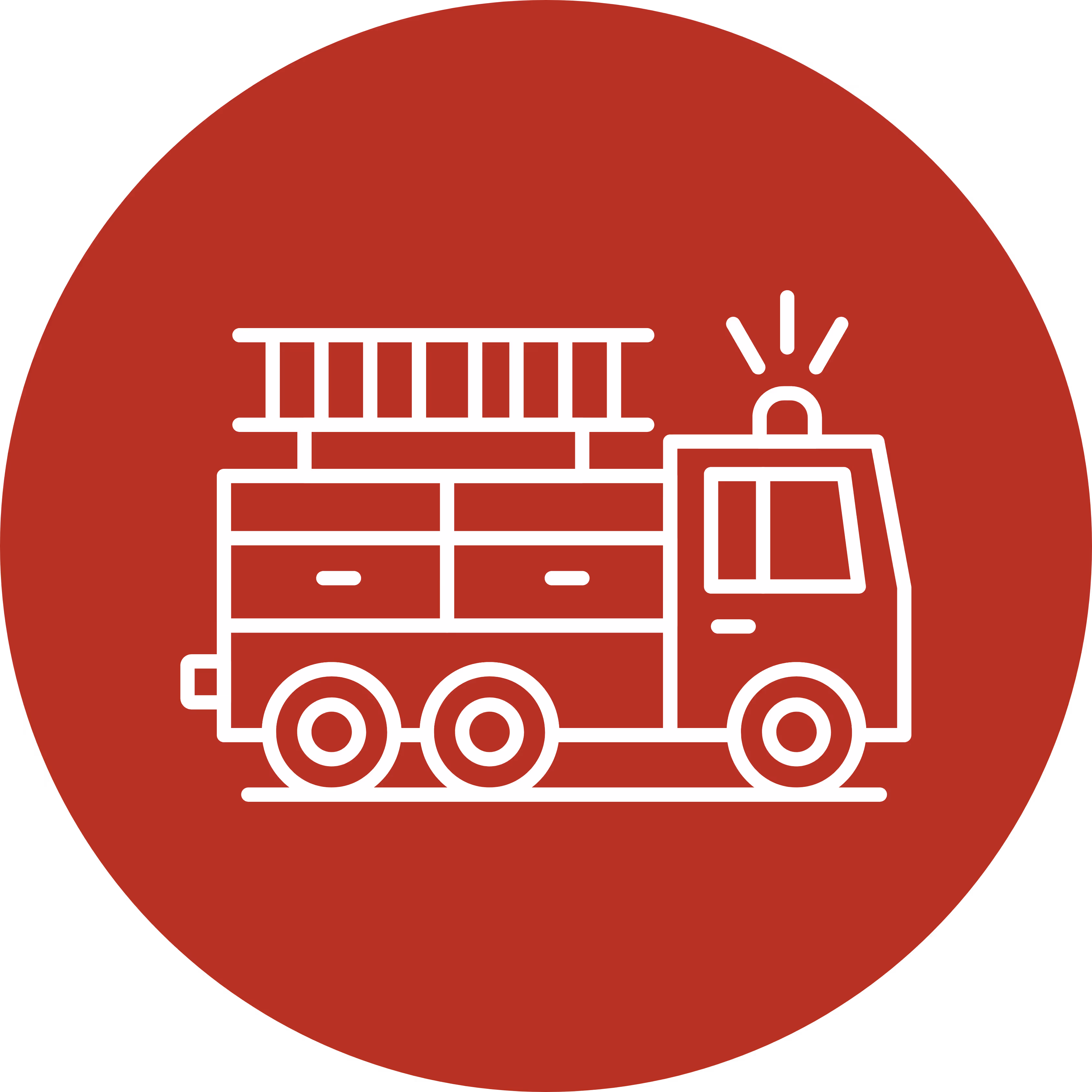 Weißes Linienbild eines Feuerwehrautos mit Leiter und Sirene auf rotem Hintergrund.