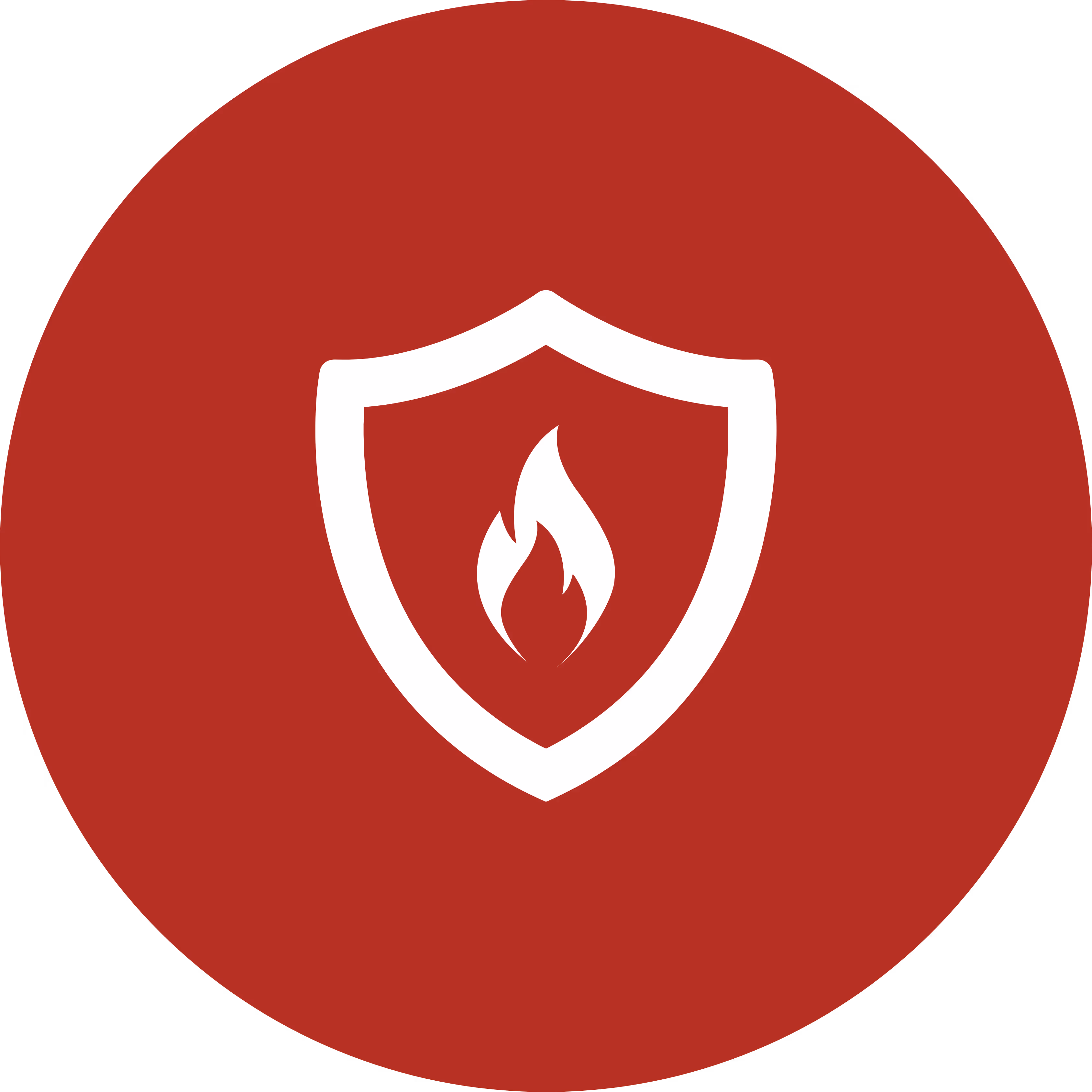 Weißes Flammensymbol in einem Schild auf rotem Hintergrund, Symbol für Brandschutz oder Feuerschutz.