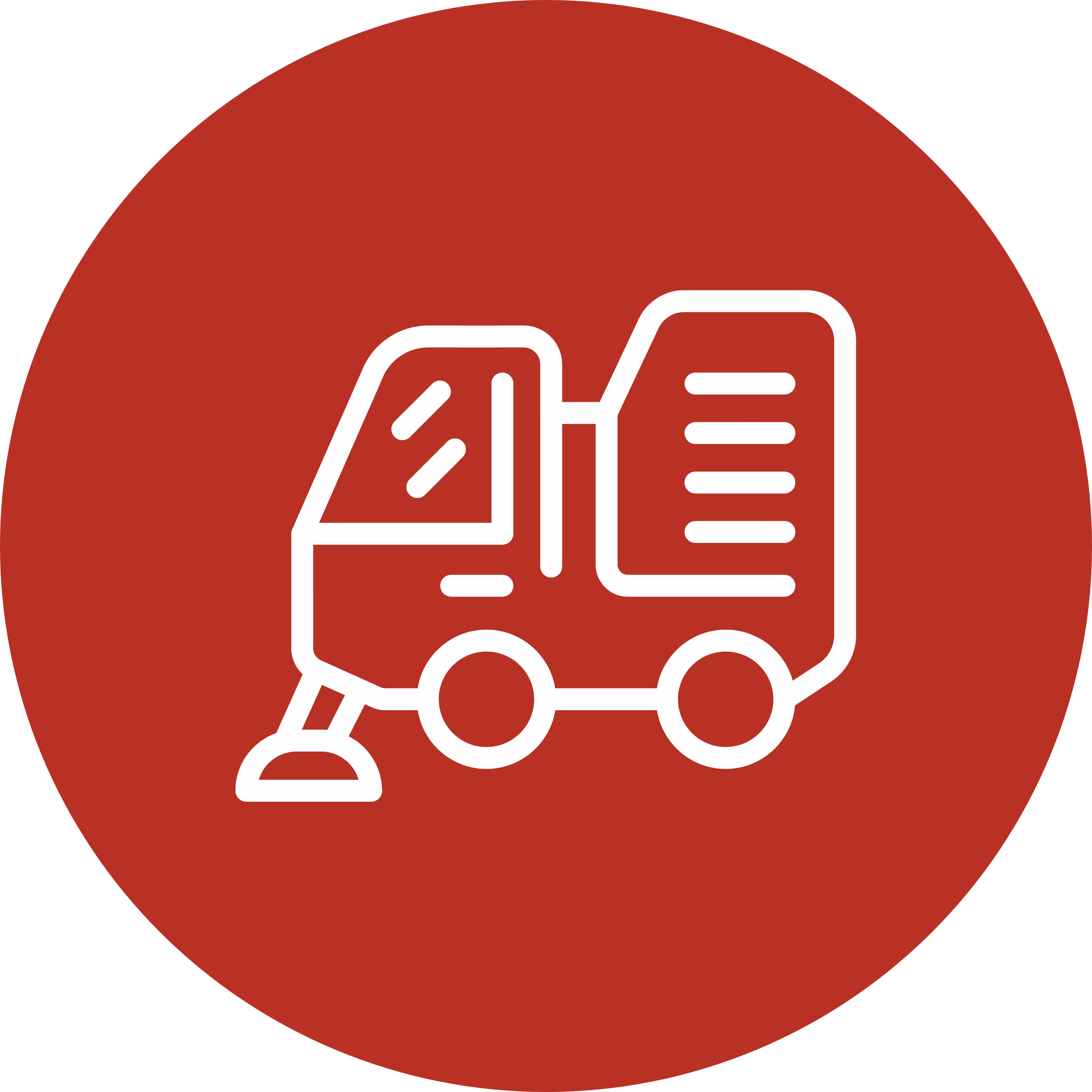 Ikon eines Kehrmaschinenfahrzeugs in weiß auf rotem rundem Hintergrund.