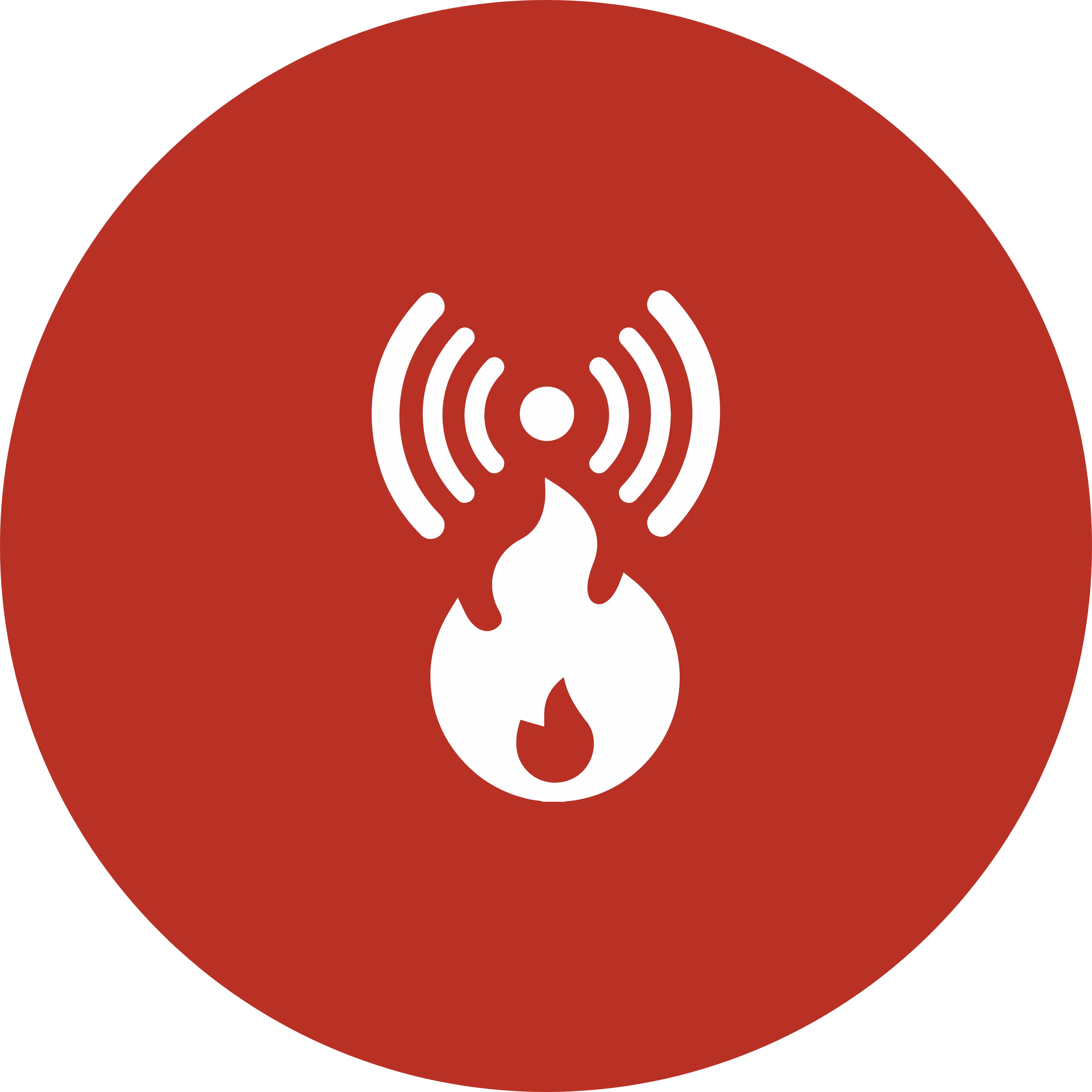 Weißes Feuer-Symbol mit Funksignalen auf rotem kreisförmigem Hintergrund.