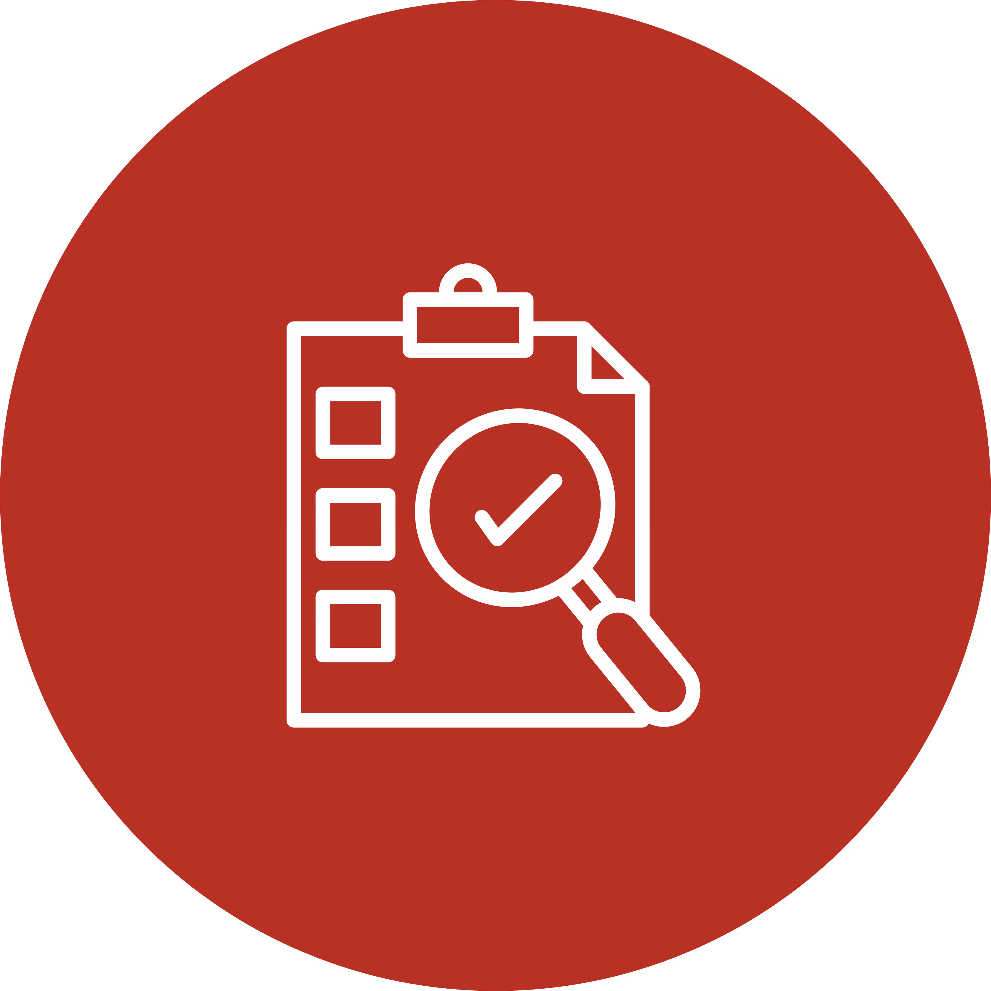 Ein Clipboard mit Kontrollkästchen und einer Lupe mit Häkchen vor rotem Kreis-Hintergrund.