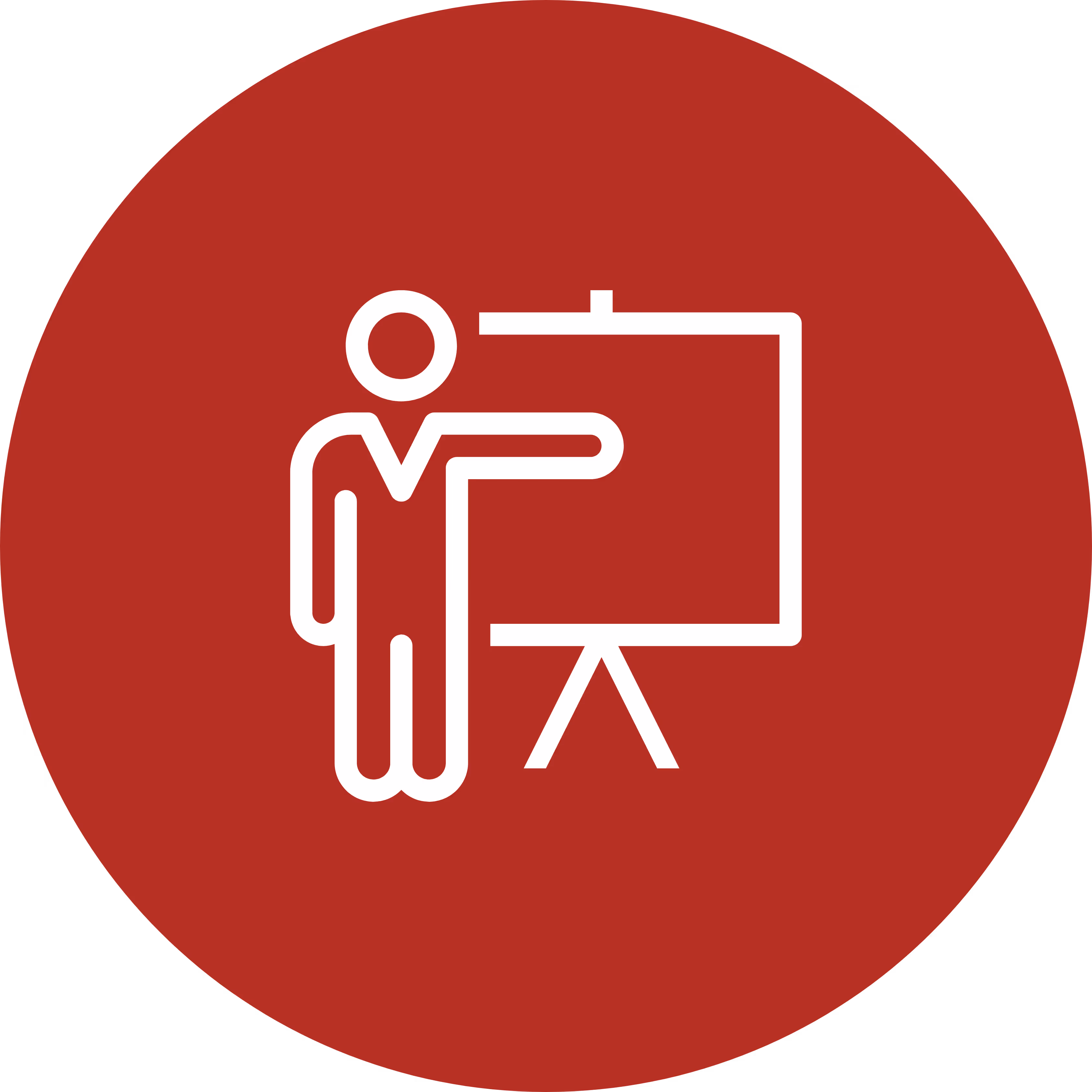 Symbol eines Menschen, der auf eine Tafelfläche zeigt, auf rotem kreisförmigem Hintergrund.