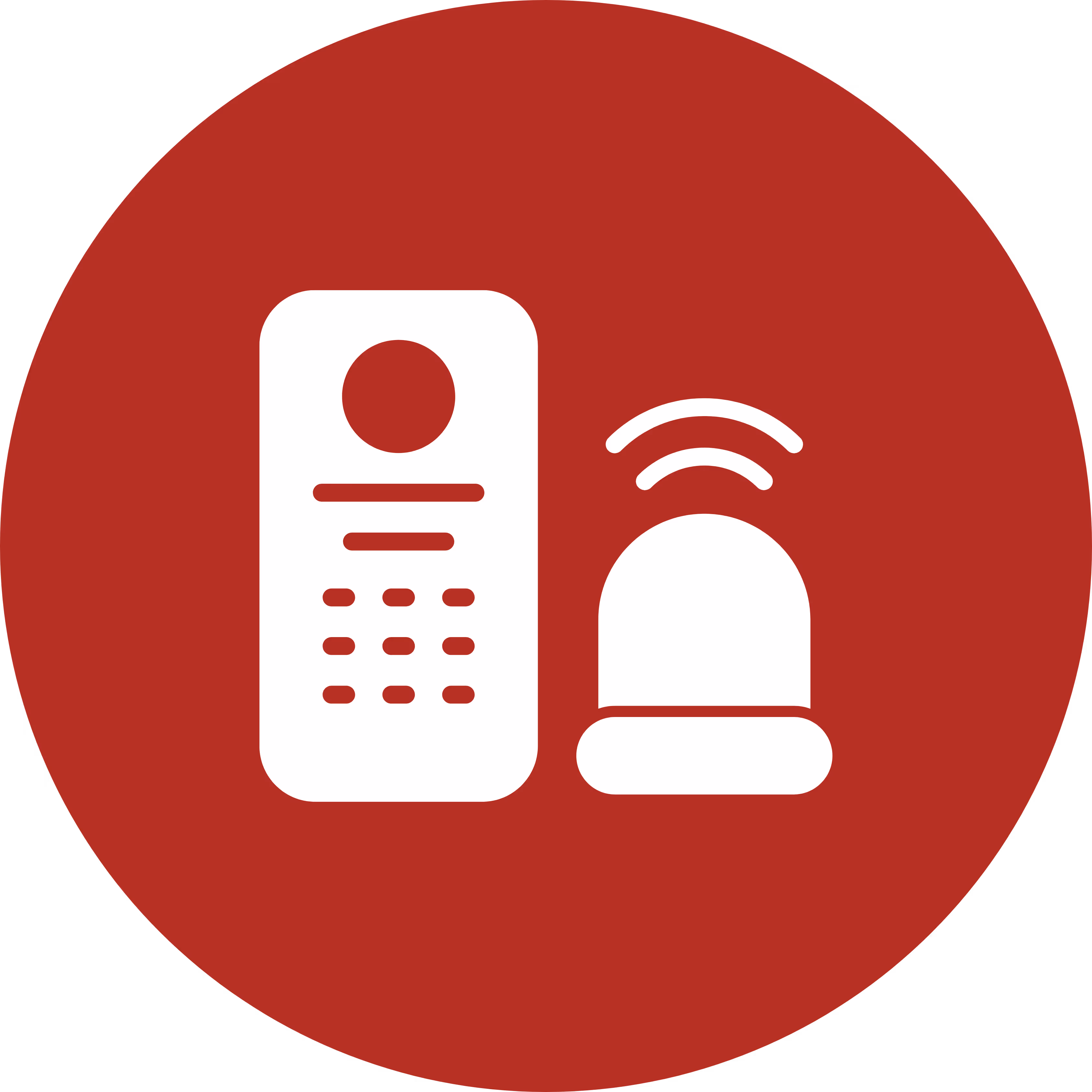 Weiße Sprechstelle und beweglicher Alarmknopf auf rotem kreisförmigem Hintergrund.