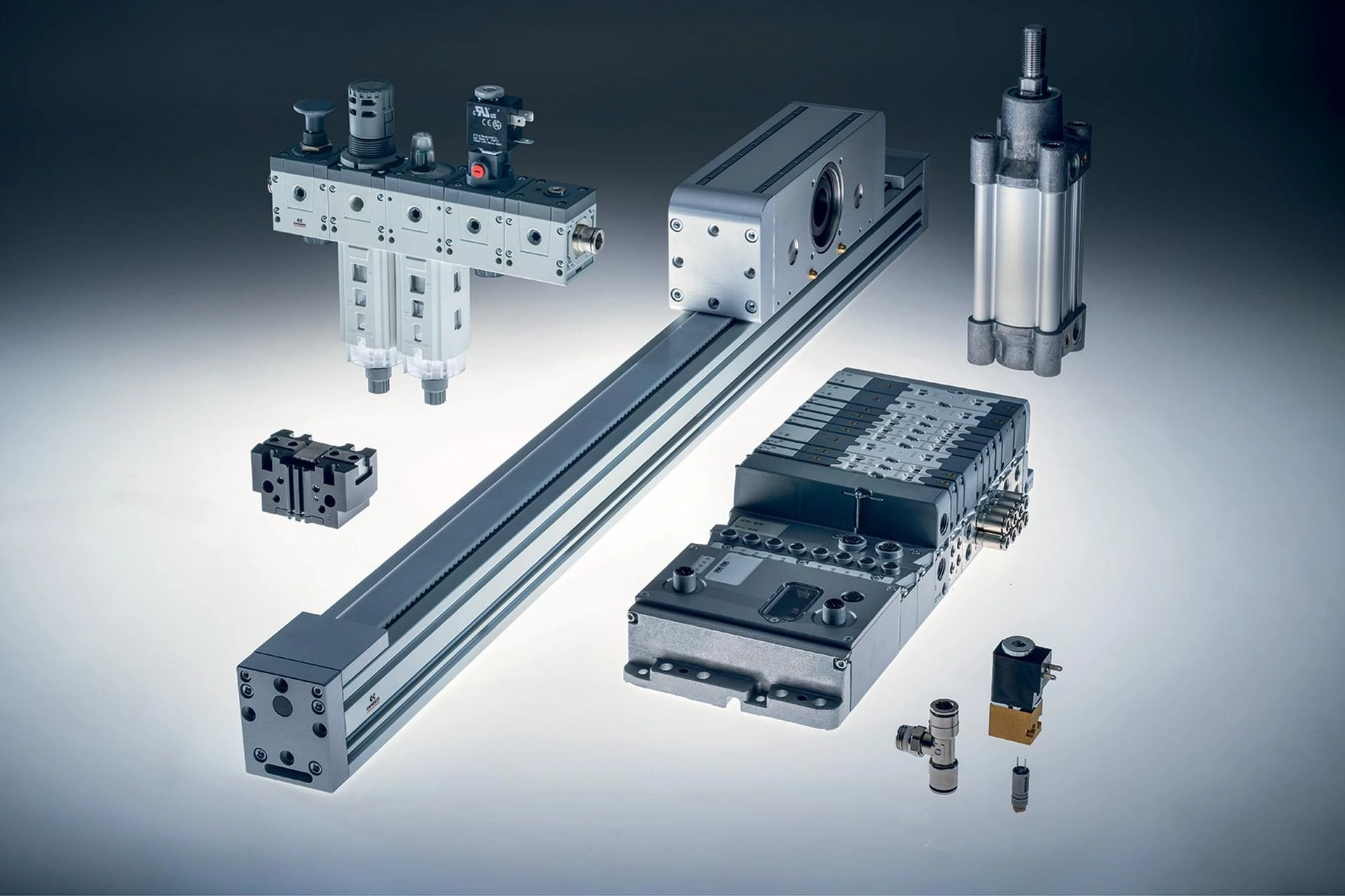 Camozzi pneumatic, electric and fluid control products, including linear actuators, valve islands and air treatment units.