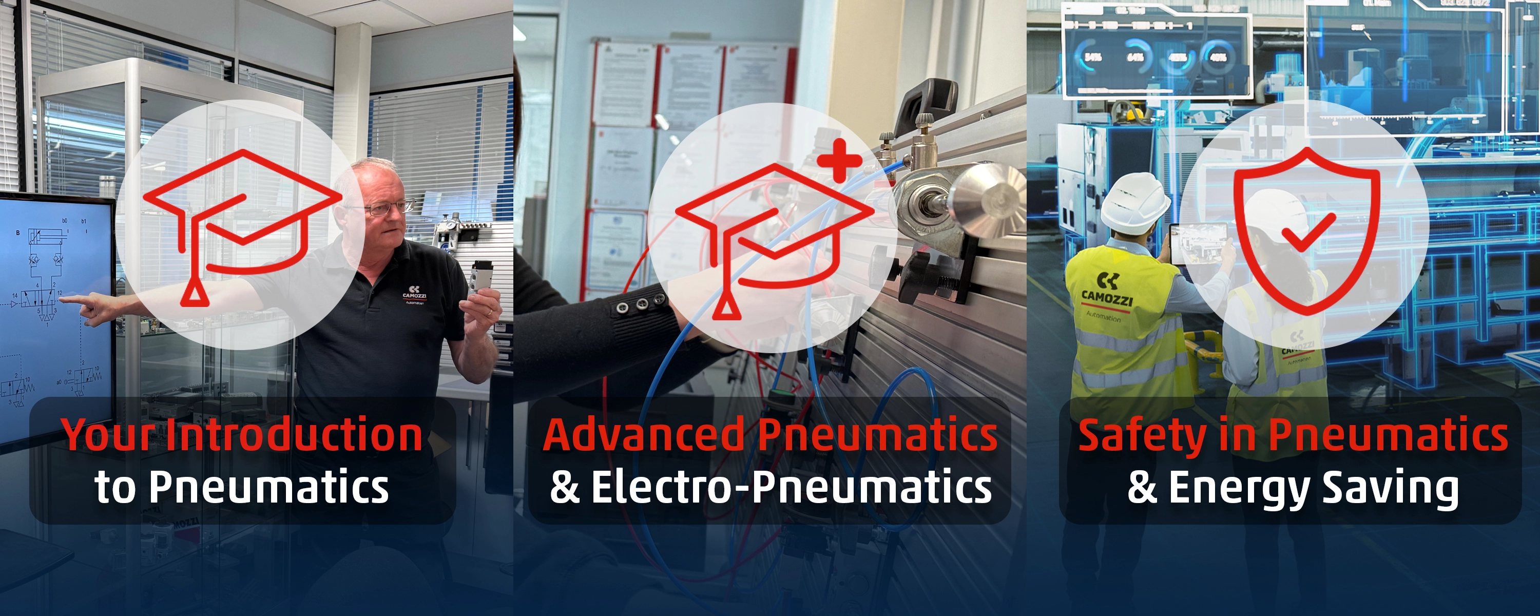 A visual breakdown of the three Camozzi Automation UK training pathways: Steve Partington teaching the Introduction to Pneumatics, practical rig wiring for Advanced Electro-Pneumatics, and engineers monitoring a smart factory for Safety and Energy Saving.
