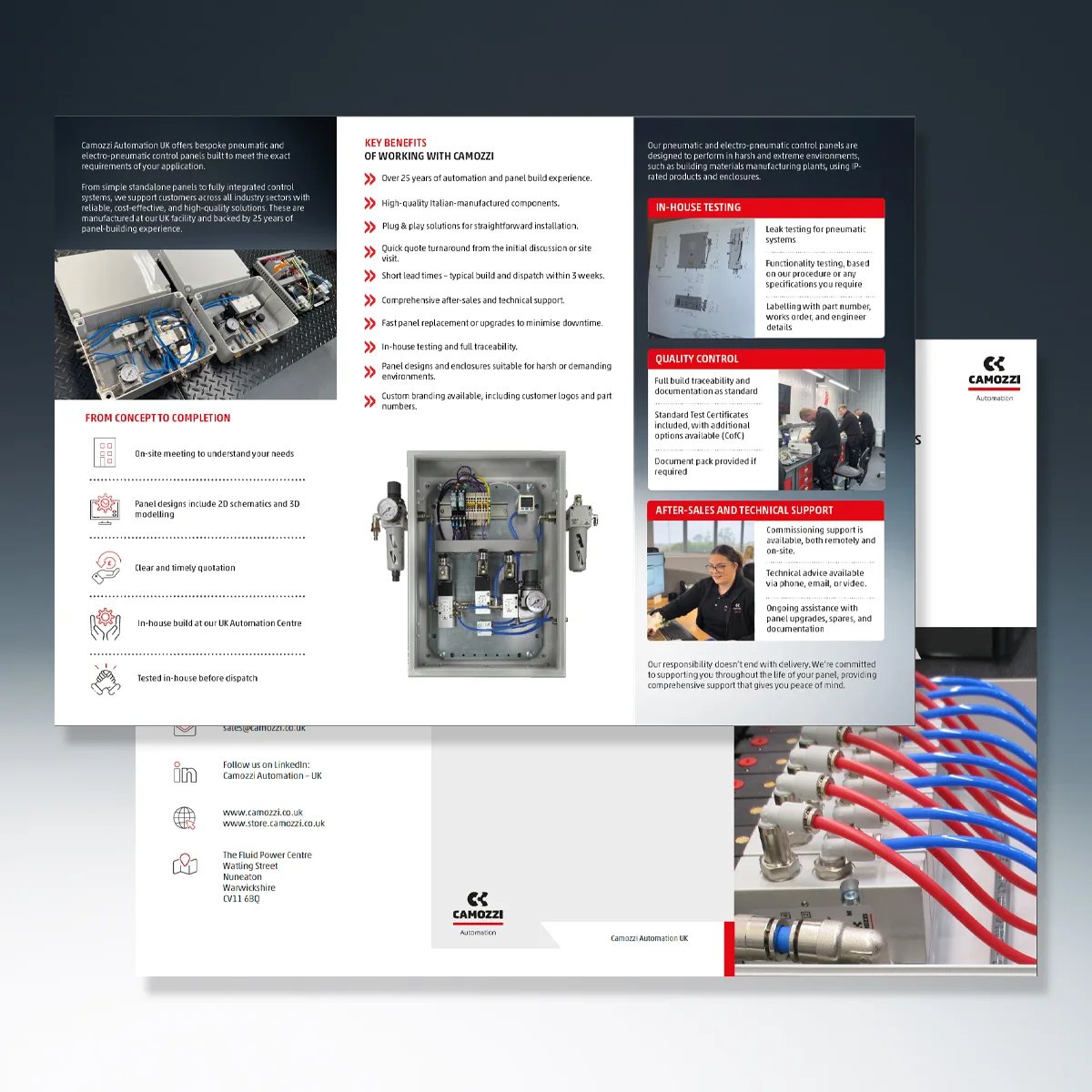 Camozzi UK pneumatic control panels printed brochure, highlighting our custom design process, in-house testing, and bespoke assembly capabilities.