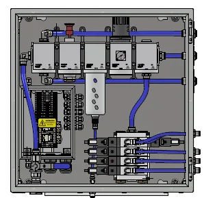 Detailed 2D CAD schematic drawing of a custom electro-pneumatic control panel layout, showing valve integration and tubing routes designed by the Camozzi UK application team.