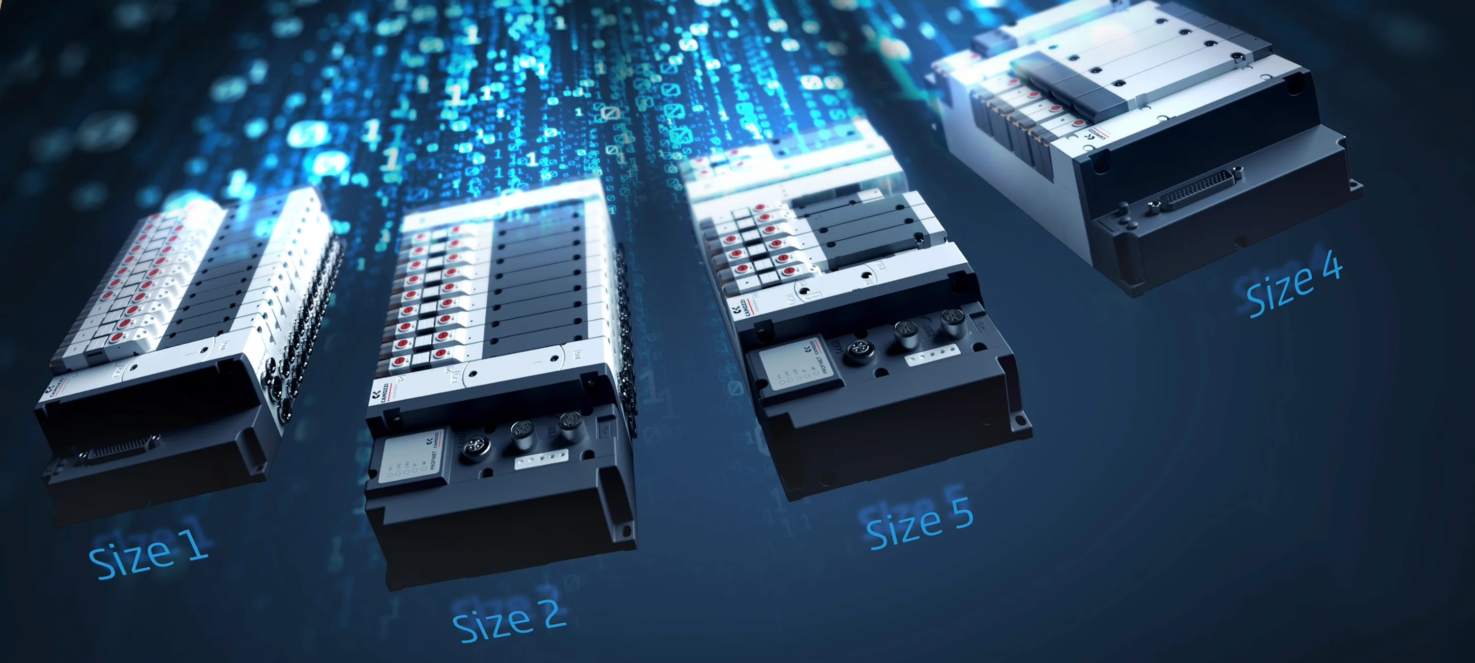 Four different sizes of the Camozzi Valve Island D Series displayed against a dynamic, blue digital data background, highlighting advanced electro-pneumatic connectivity.