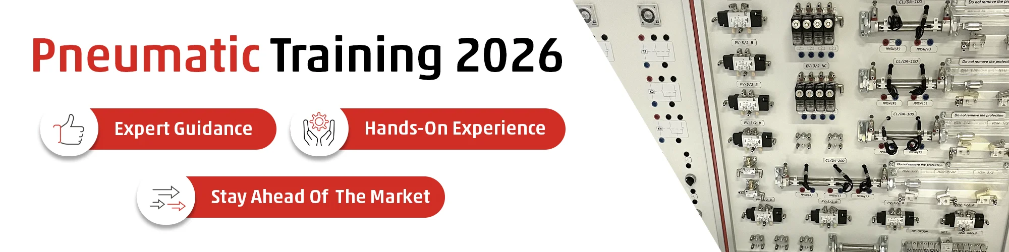 Banner for the Camozzi UK 2026 Pneumatic Training programme, featuring a practical training rig and highlighting expert guidance, hands-on experience, and staying ahead of the market.
