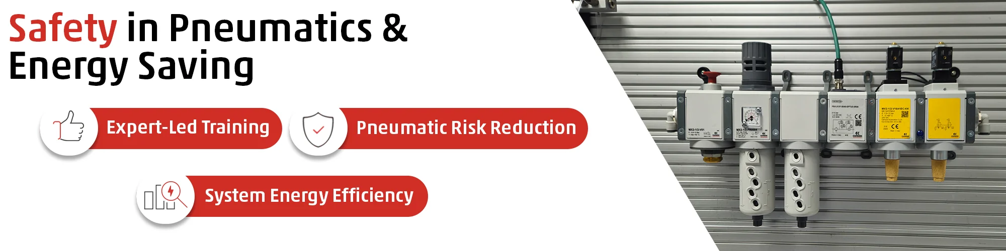 Banner for the Camozzi UK Safety in Pneumatics and Energy Saving training course, highlighting risk reduction and system efficiency. The image features a practical training board displaying a complete air preparation assembly, including an MX SAFEMAX safety unit and an FSX flow meter.