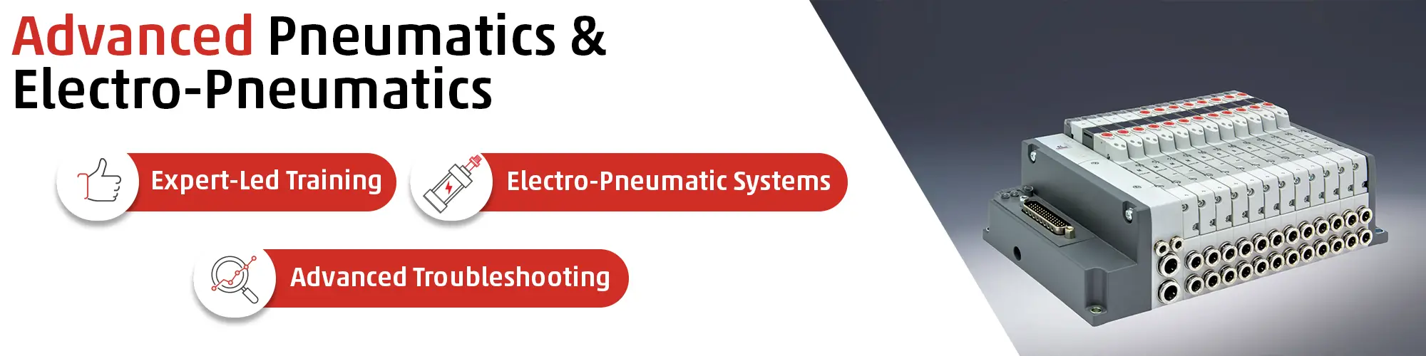 Banner for the Advanced Pneumatics and Electro-Pneumatics course at Camozzi UK highlighting expert-led training, electro-pneumatic systems, and advanced troubleshooting, showing a trainee adjusting a pneumatic regulator on a practical training rig.