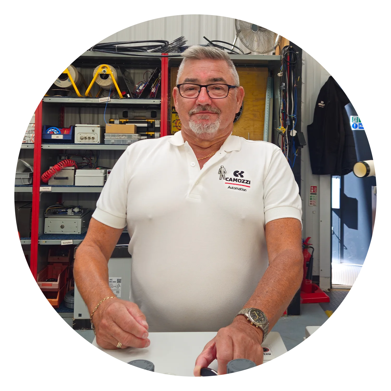 Andy Renshaw, Applications Support at Camozzi Automation UK, standing in the UK Automation Centre workshop.