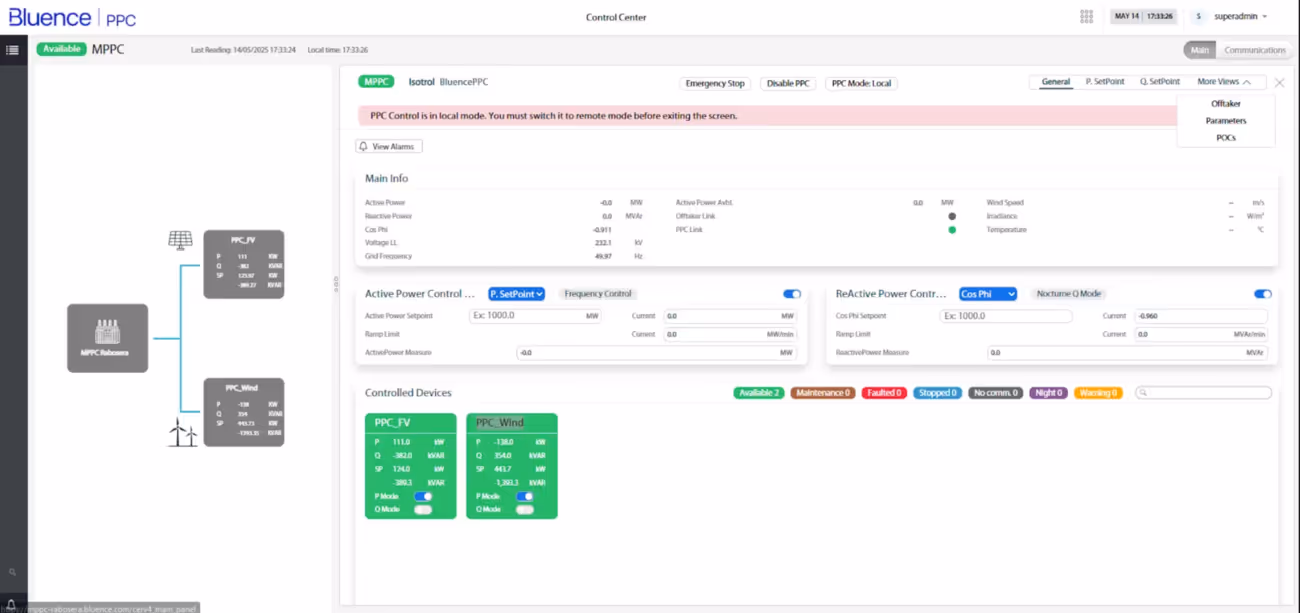Dashboard of advanced Power Plant Controller with advanced algorithms and expert support.