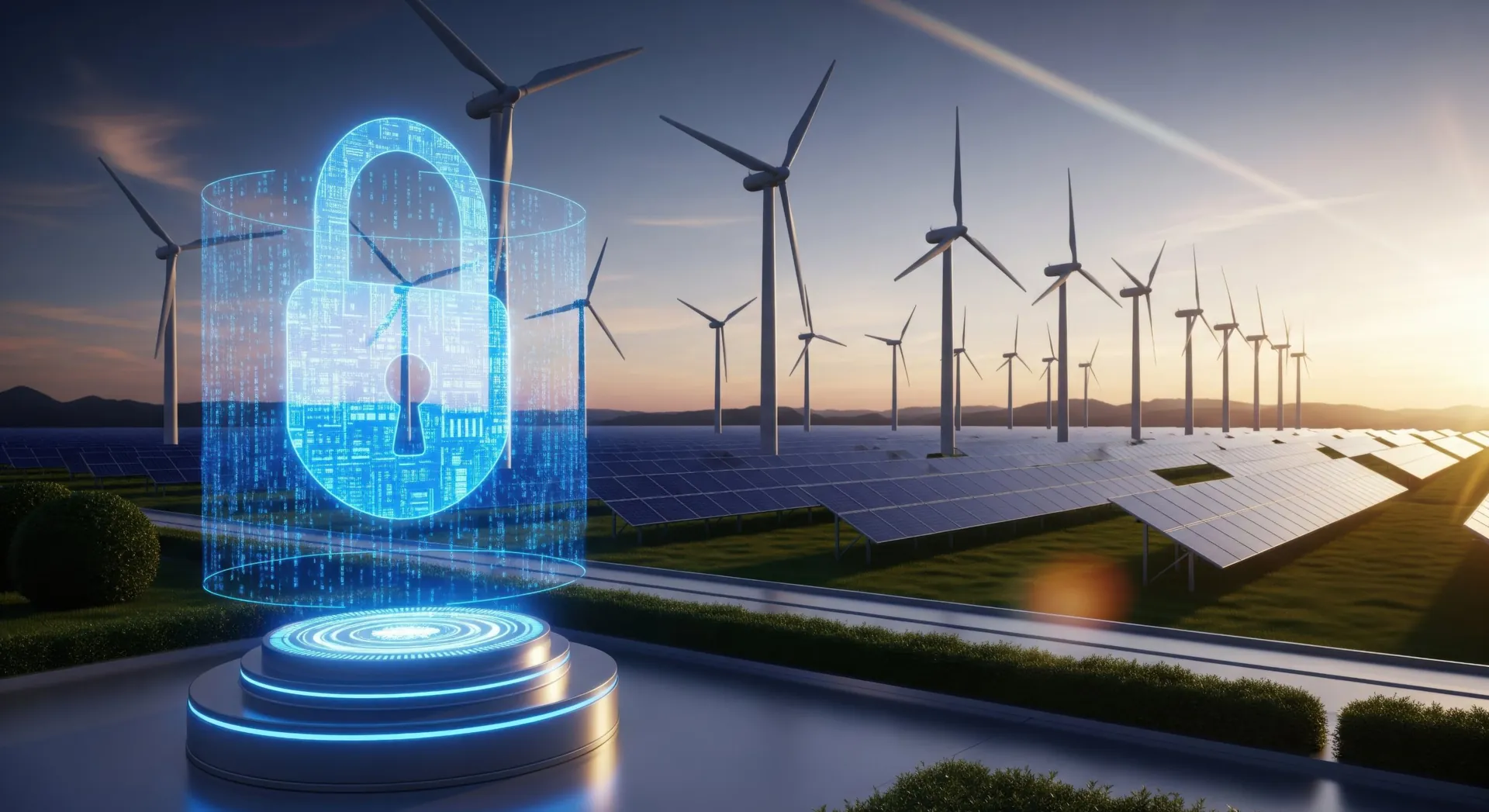 Candado digital protegiendo una planta renovable con aerogeneradores y paneles solares