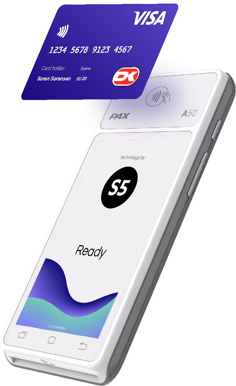 Terminalen på størrelse med din telefon men kan modtage kontaktløs betaling
