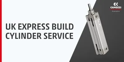 Thumbnail graphic for the Camozzi UK Express Build Cylinder Service, displaying a pneumatic cylinder and the Camozzi Automation logo.