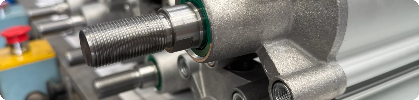 A close-up view of newly assembled custom pneumatic cylinders on a workshop bench, highlighting the precision-machined threaded piston rods and aluminium end caps produced by the Camozzi UK Express Build Service.