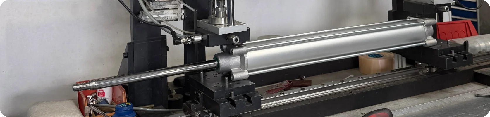 A long, custom built pneumatic cylinder with a fully extended piston rod secured in a specialized assembly and testing rig at the Camozzi UK facility.