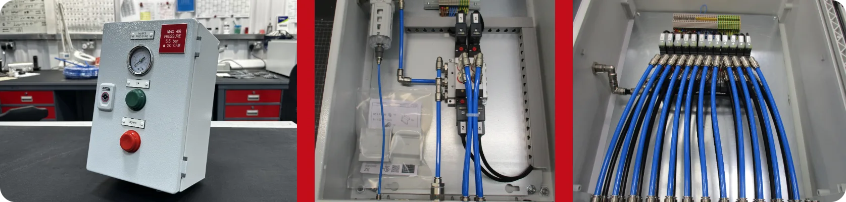 Three views of bespoke pneumatic control panels assembled at the Camozzi UK Automation Centre, showing the exterior interface with push buttons and a gauge, alongside the internal pneumatic valve and neatly routed colour coded tubing arrangements.