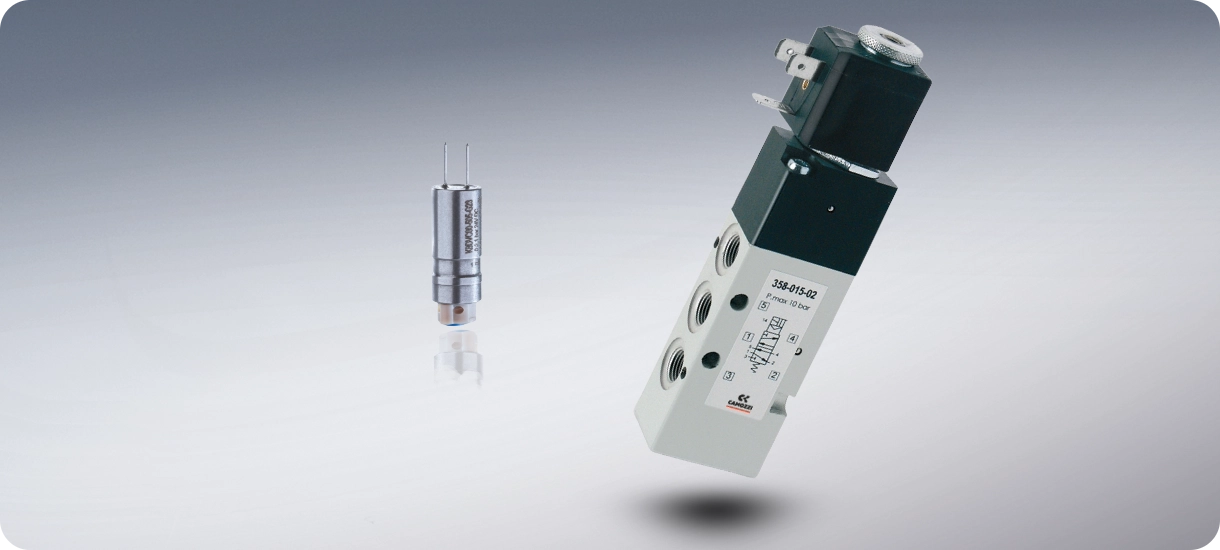 A small standalone pneumatic valve and a larger electrically operated solenoid valve, highlighting the different operational configurations available for fluid control.