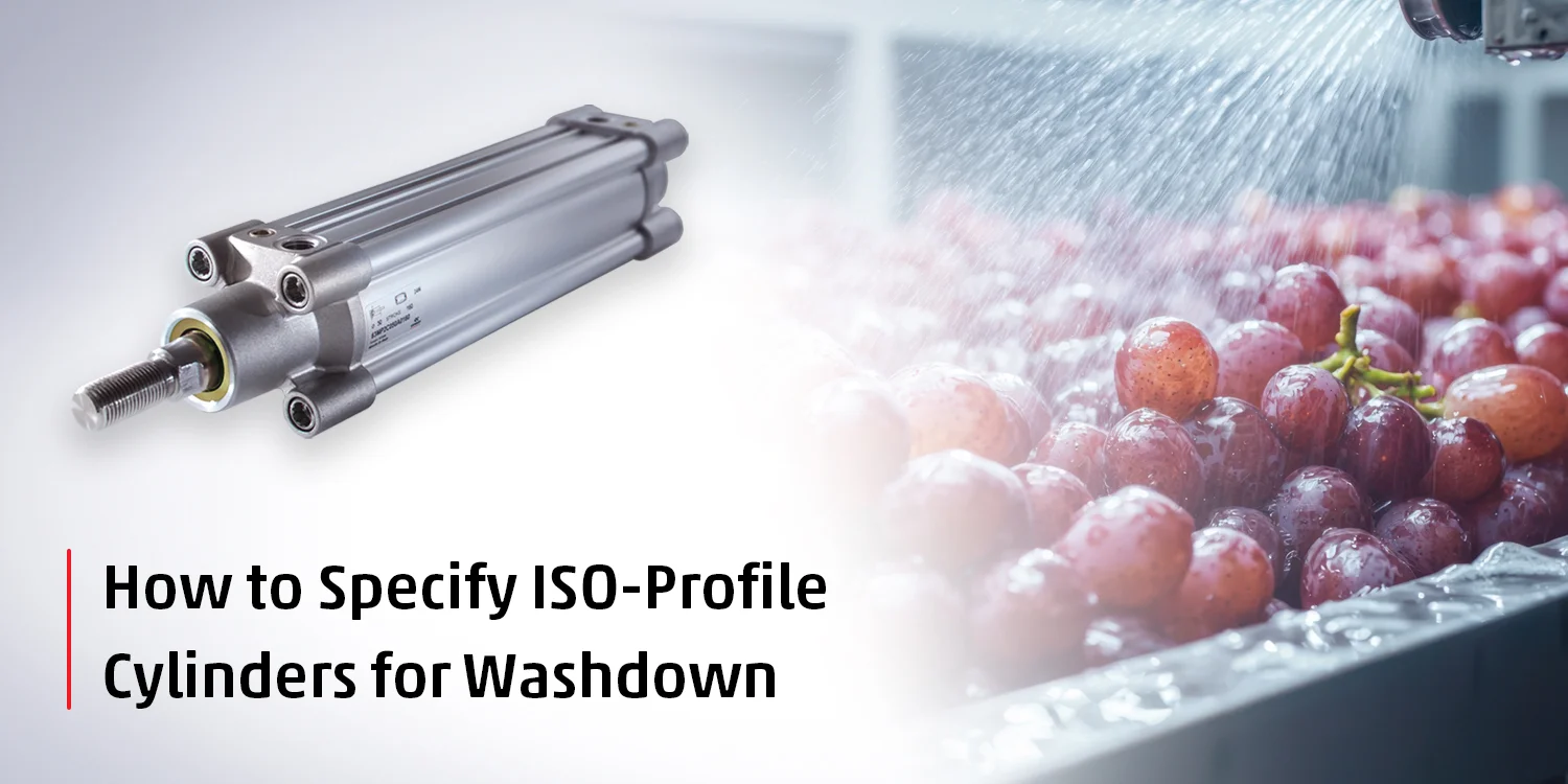 News thumbnail for a guide on specifying ISO-profile pneumatic cylinders, featuring a cylinder alongside fresh produce being washed down.
