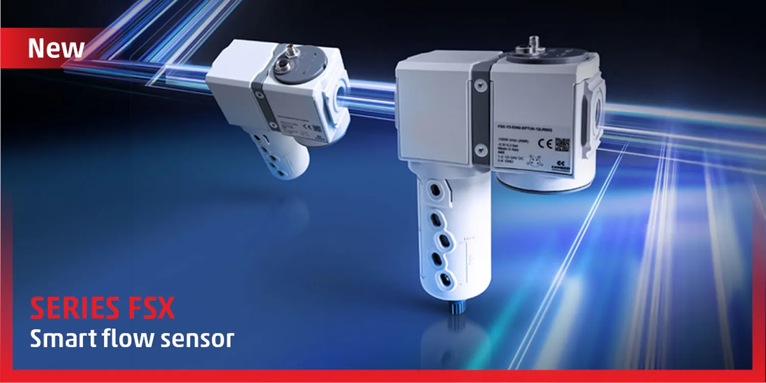News thumbnail for the launch of the new Series FSX smart flow sensor, displaying the sensor unit and an air preparation assembly against a blue technological background.