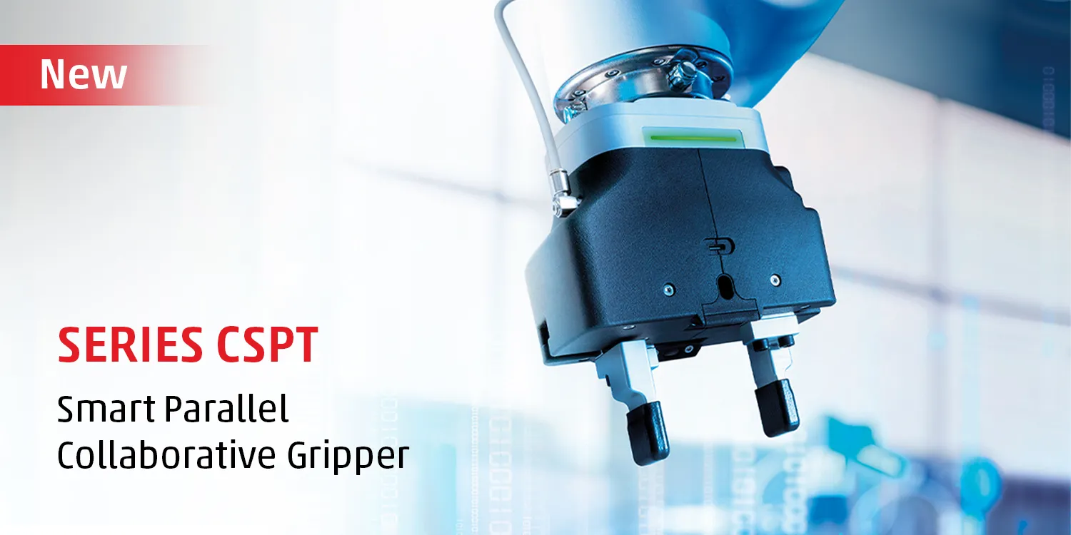 News thumbnail announcing the launch of the Series CSPT smart parallel collaborative robot gripper, showing the black gripper unit attached to a robotic arm.