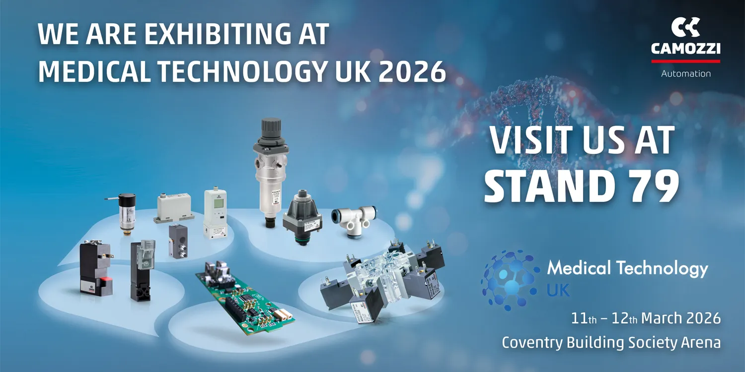 ews thumbnail announcing Camozzi's exhibition at Medical Technology UK 2026, featuring a selection of life science and medical pneumatic components.