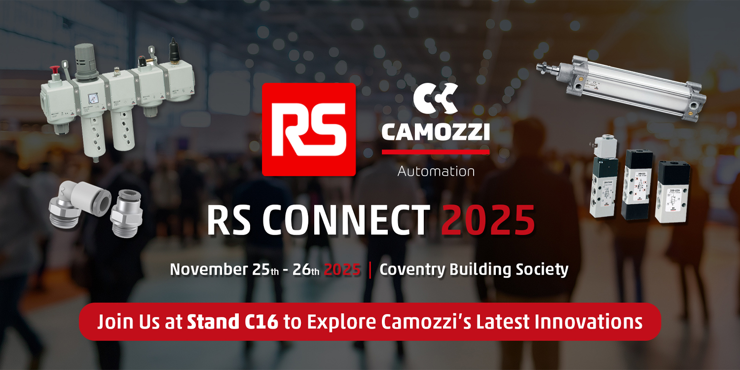 News thumbnail announcing Camozzi's presence at RS Connect 2025, displaying various pneumatic products overlaid on a blurred exhibition hall background.