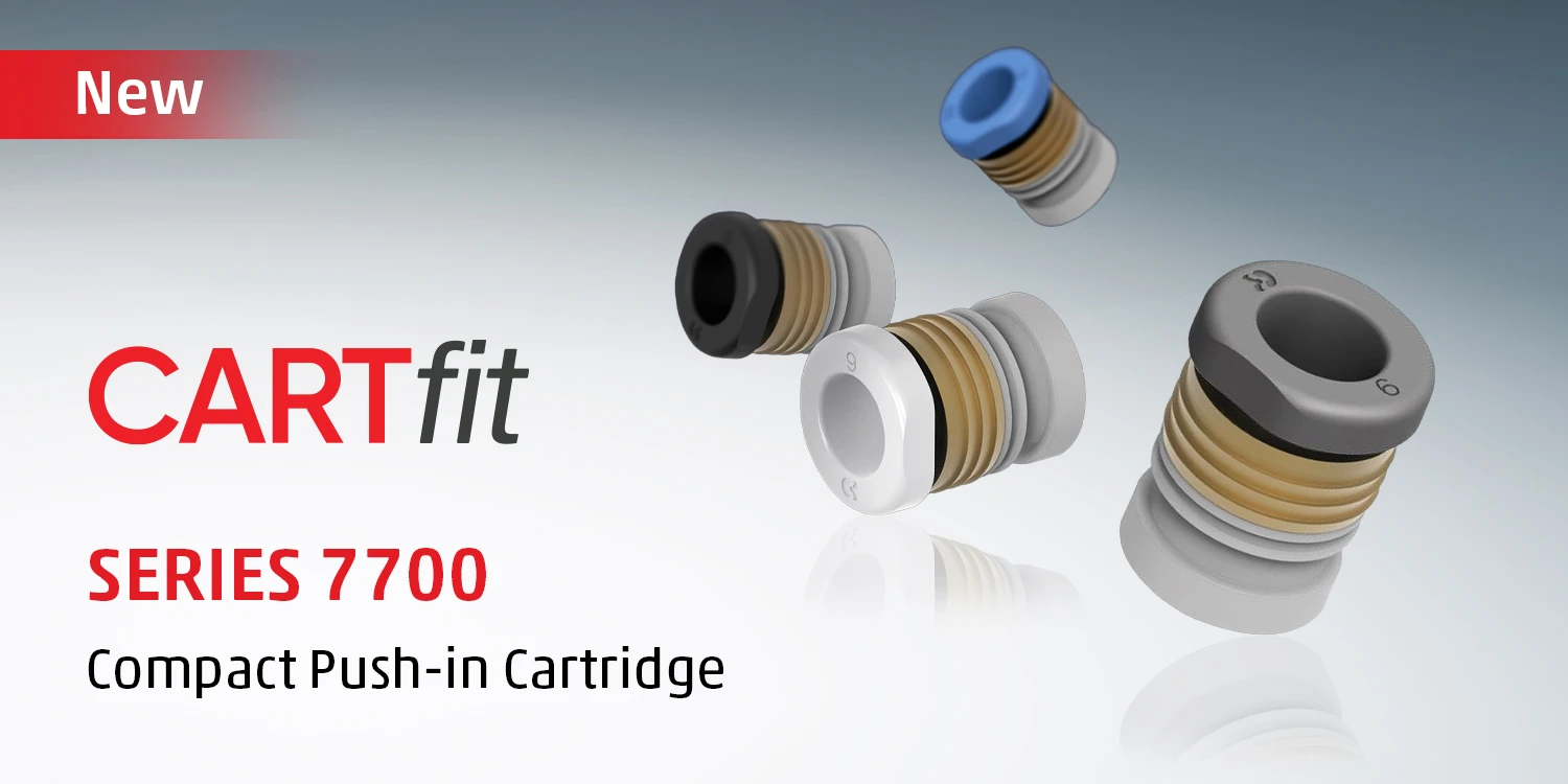 News thumbnail announcing the launch of the new Camozzi CARTfit Series 7700 compact push-in cartridges, featuring four cartridge fittings with varying coloured release rings.