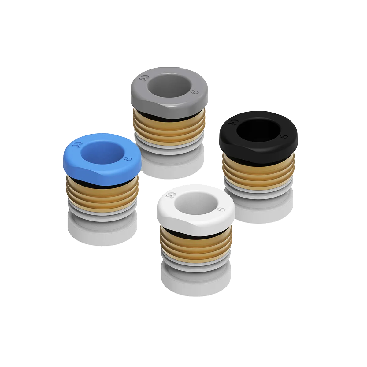 4 colour variants of the Camozzi CARTfit Series 7700 push-in cartridges for different industrial applications