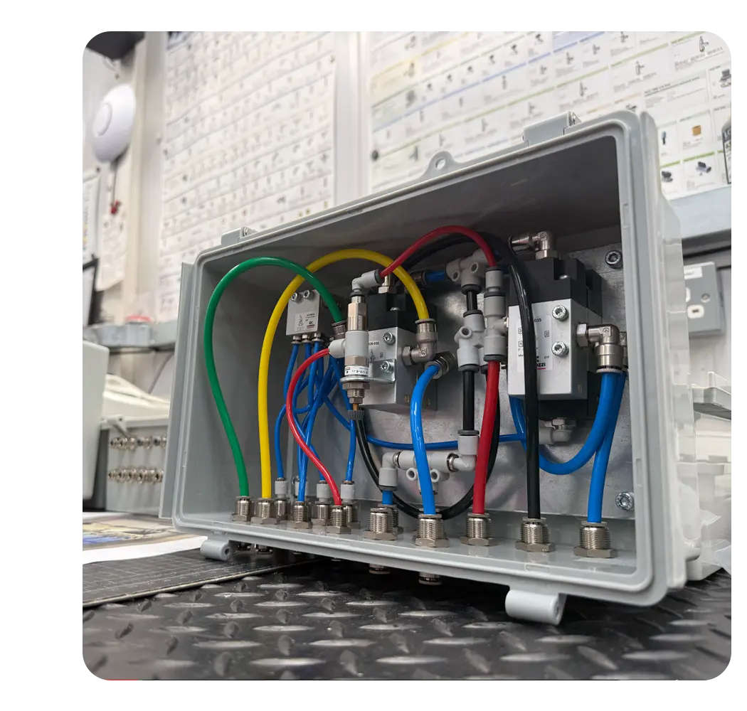 An open grey electro-pneumatic enclosure showing neat internal wiring, compact solenoid valves, and cleanly routed multi coloured tubing (green, yellow, red, blue, black) leading to bulkhead fittings.