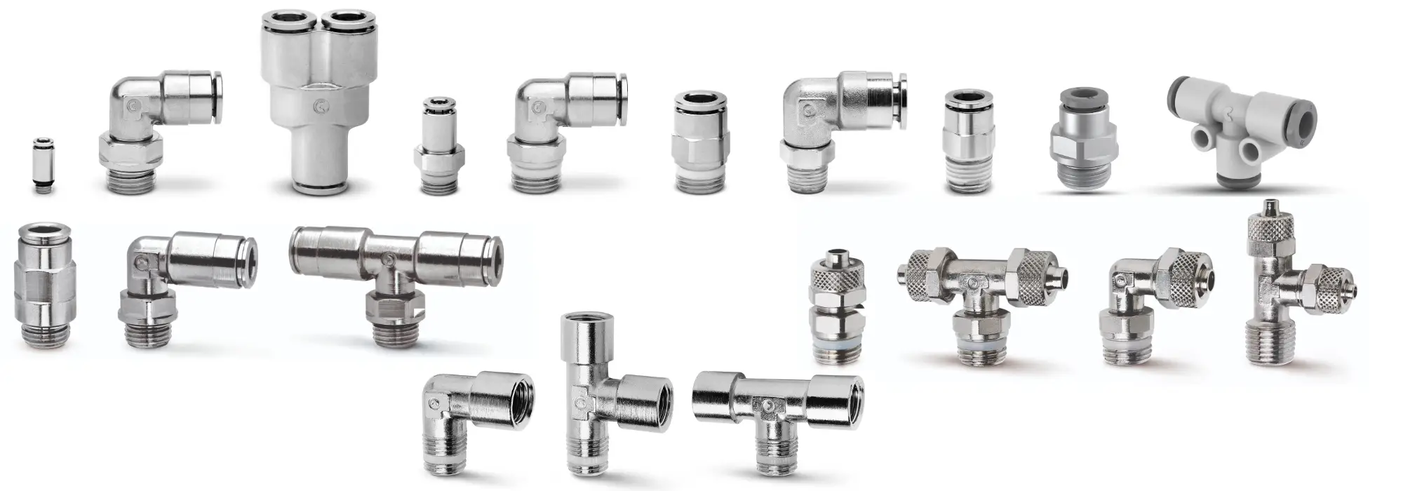 Assorted Camozzi pneumatic fittings showcasing brass and technopolymer push-in, push-on and threaded connection types in straight, elbow and tee configurations.