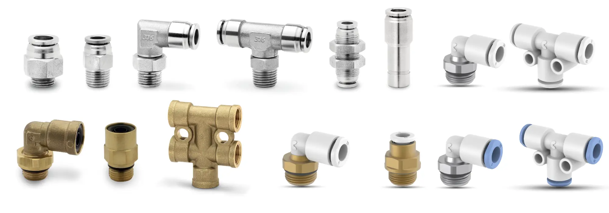 Assorted Camozzi push-in fittings showcasing multiple material configurations, including 316L stainless steel, raw brass and technopolymer bodies for specialist fluid and pneumatic applications.