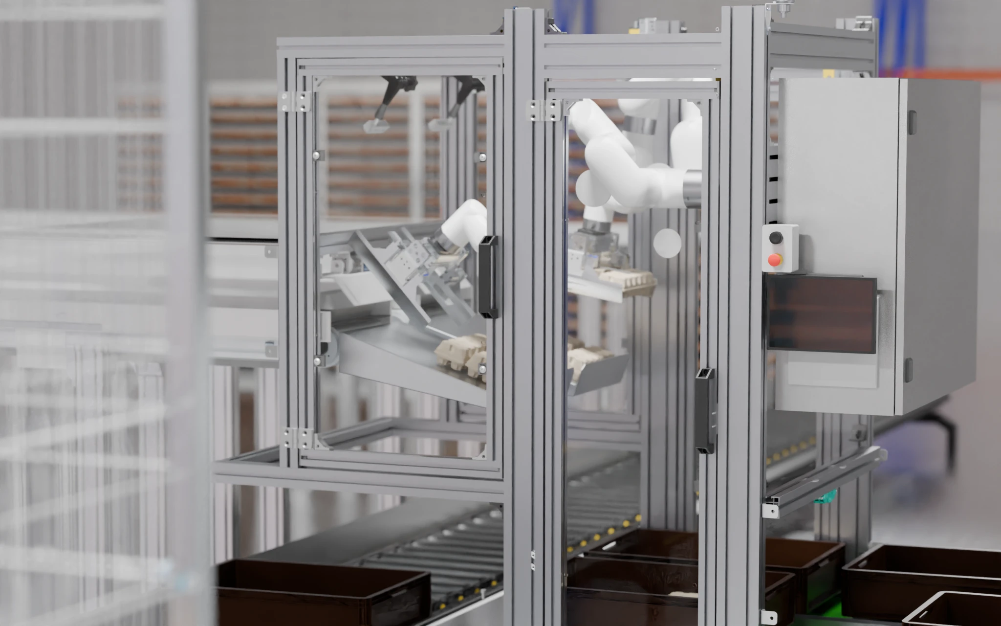 Side view of an egg case packing machine. 