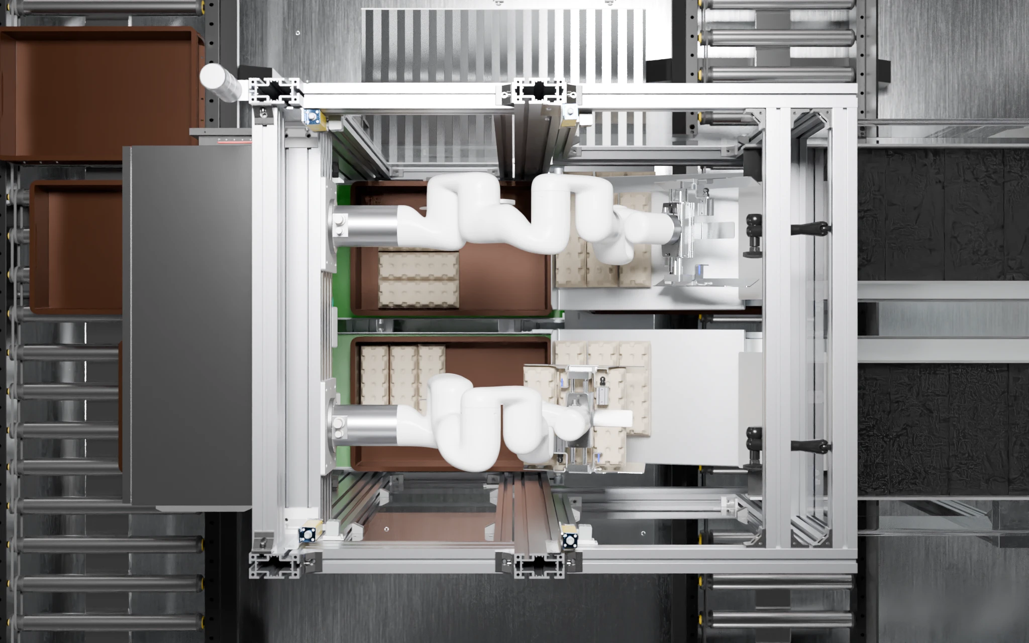 Top down view of a modern case packer showing two AI robots packing eggs into reusable plastic containers. 