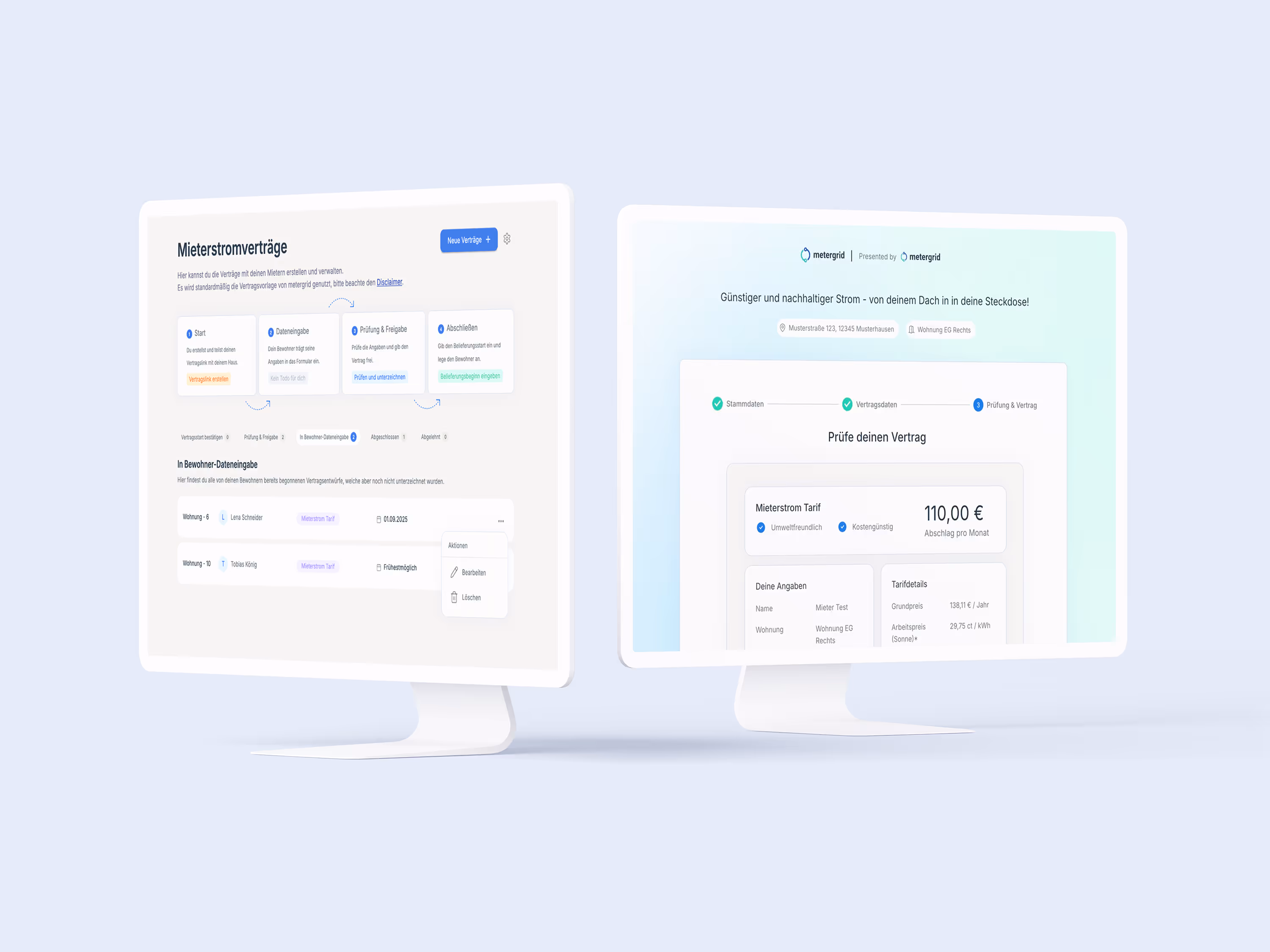 Darstellung des metergrid Mieterakquise-Tools in Form eines mockups | Digitale Mieterstromverträge im metergrid Mieterakquise-Tool