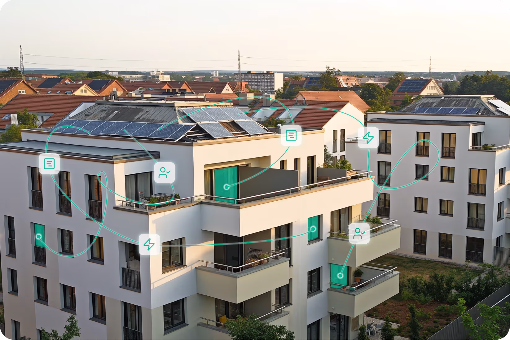 Mieterstrom Abrechnungsdienstleister metergrid. Mehrfamilienhaus mit Solaranlage und visualisierter Mieterstrom-Abrechnung