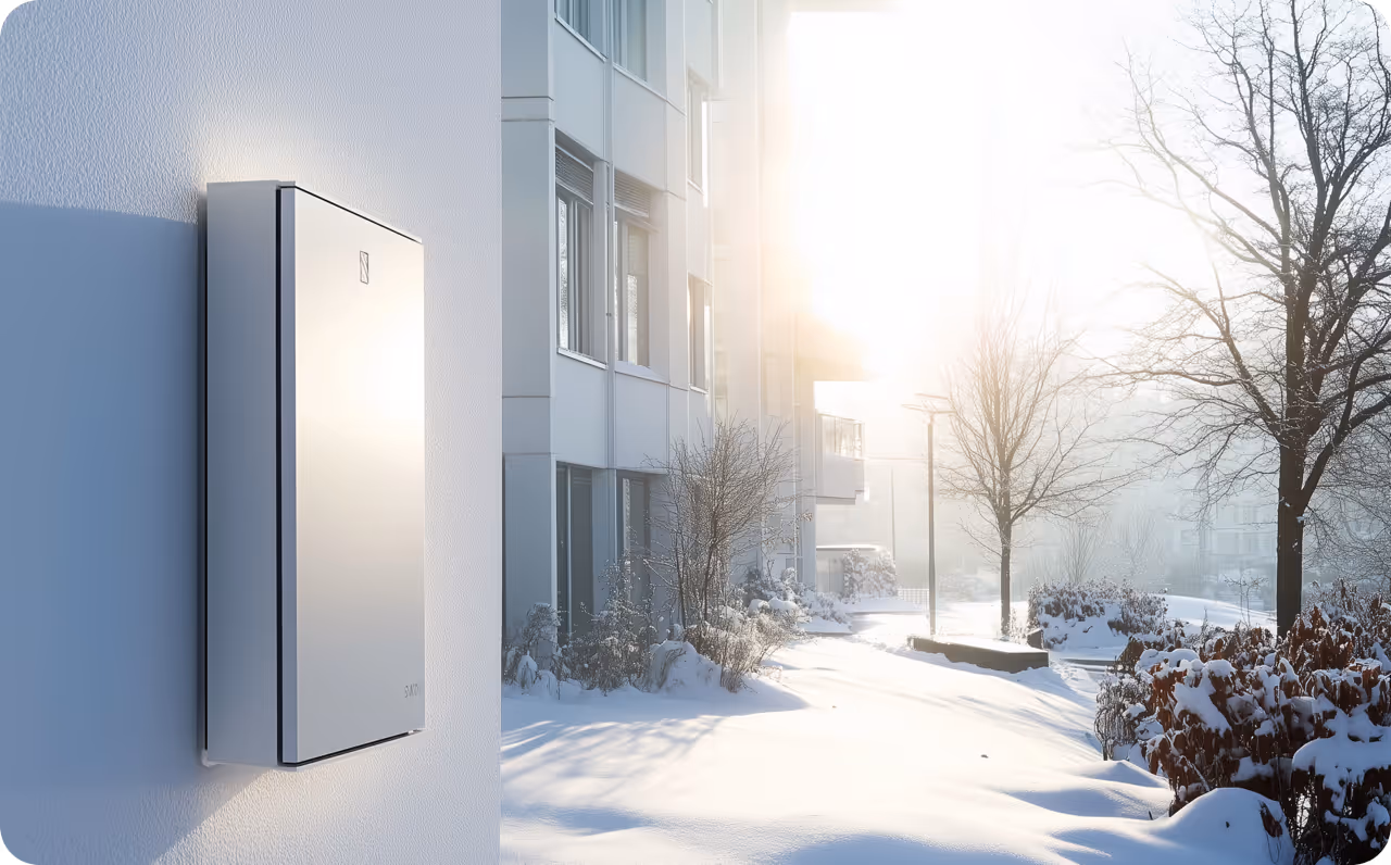 Stromspeicher, Batteriespeicher im Winter außen an Hauswand im Schnee - Tipps für nachhaltige Energie und Solaranlage im Winter