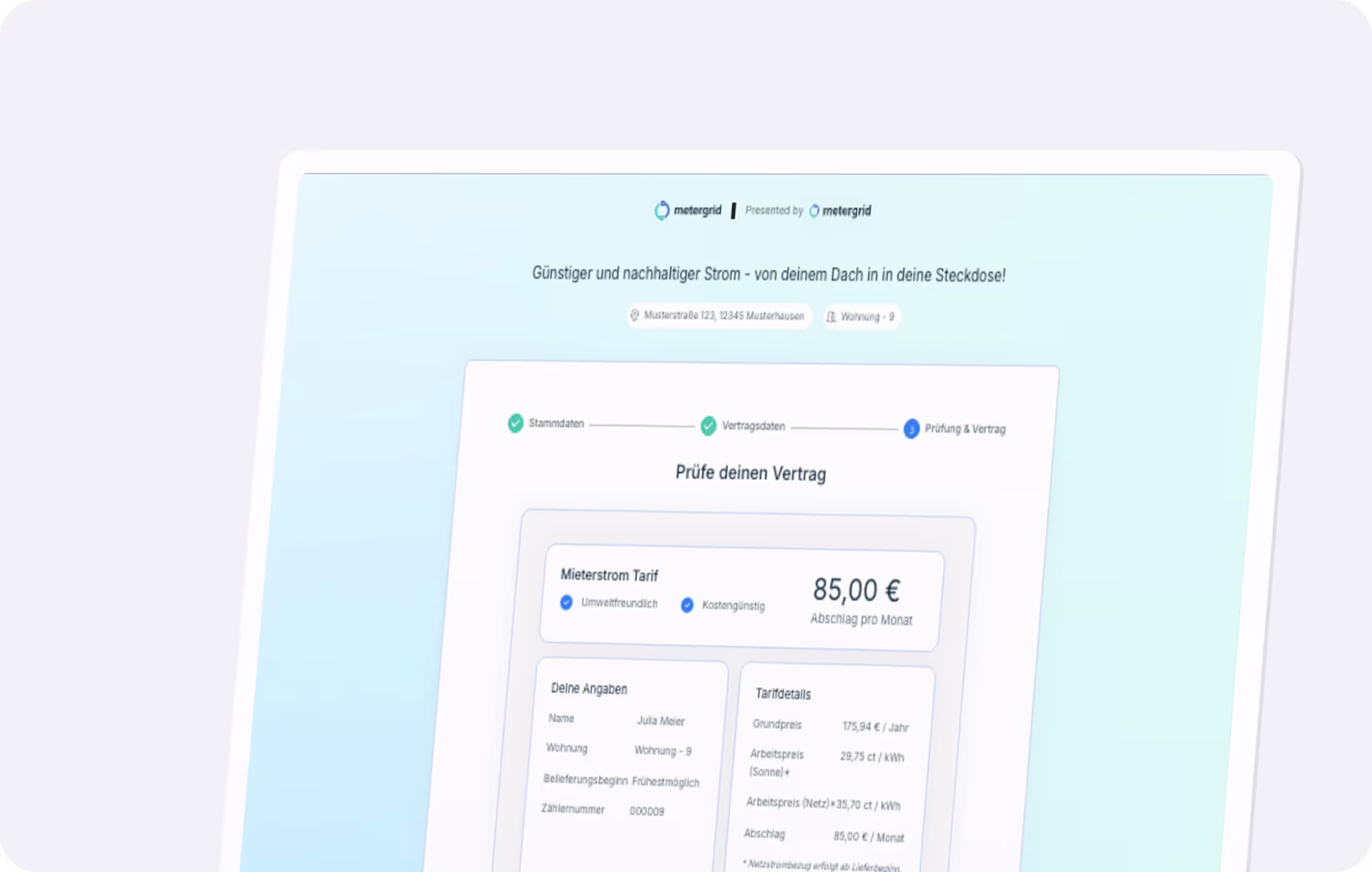 metergrid Mieterakquise-Tool Dashboard in Benutzung in einem Mieterstromprojekt - Vertragsstrecke
