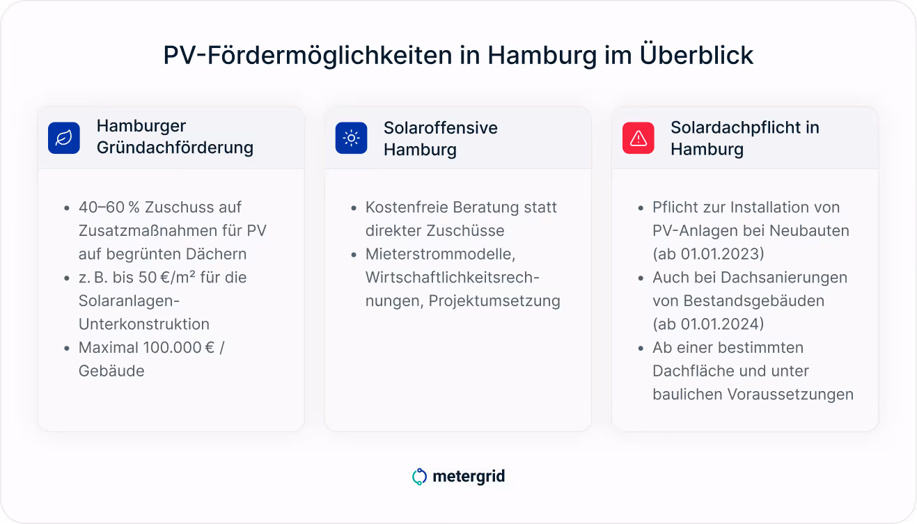 PV-Fördermöglichkeiten in Hamburg im Überblick: Hamburger Gründachförderung, Solaroffensive Hamburg, Solardachpflicht in Hamburg | metergrid