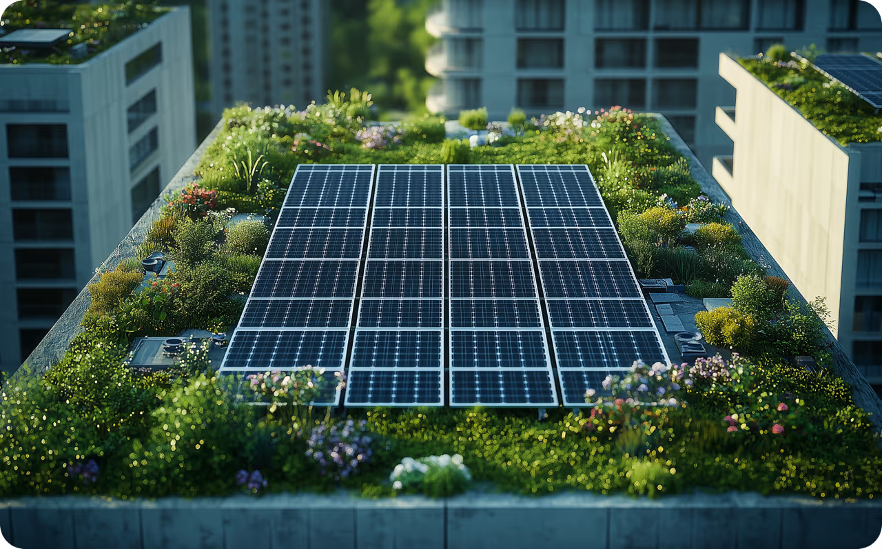 Photovoltaik Anlage auf begrüntem Dach: Dachbegrünung und PV in Kombination sind gut für Umwelt und Klima - metergrid unterstützt mit PV-Mieterstrom-Lösung