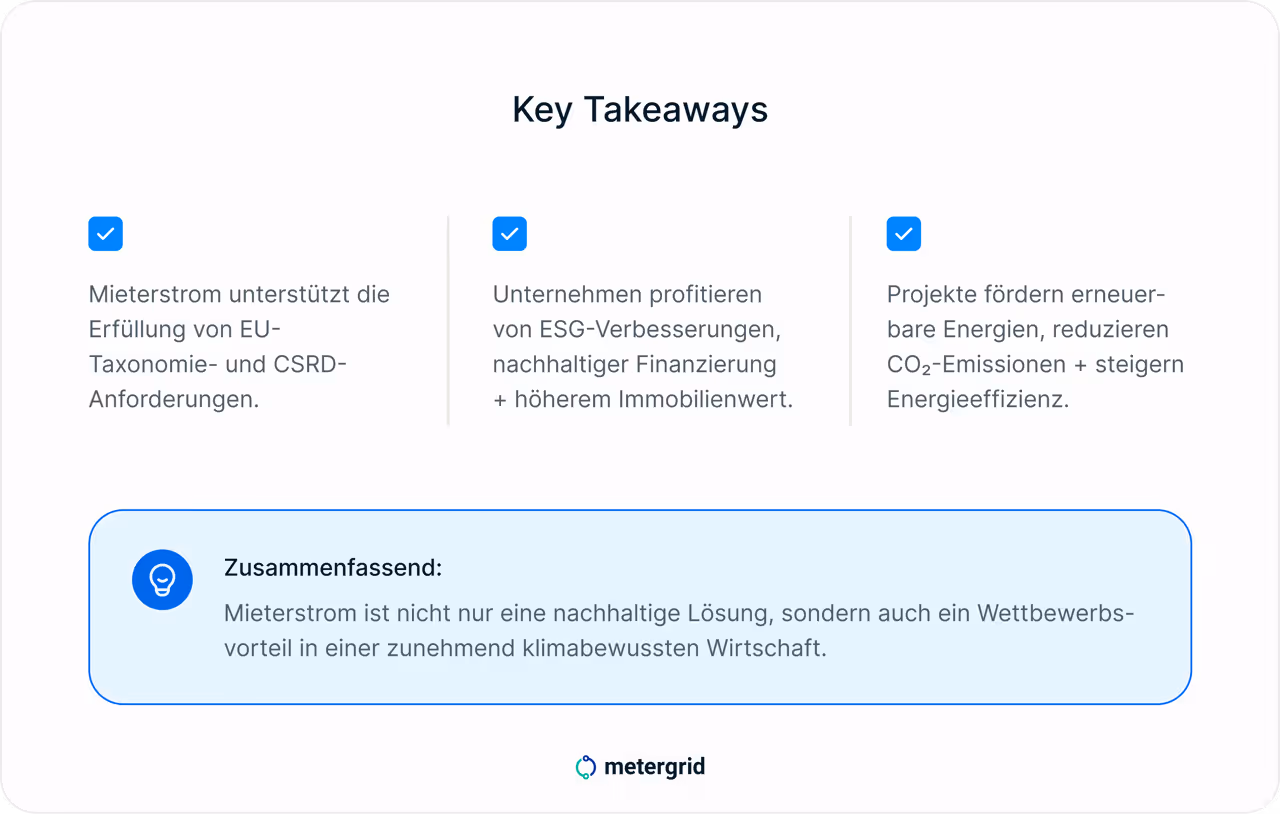 Mieterstrom EU-Taxonomie und CSRD Key Take-Aways: Mieterstrom unterstützt die Erfüllung von EU-Taxonomie und CSRD-Anforderungen, erneuerbare Energien werden gefördert - Mieterstrom als nachhaltige Lösung