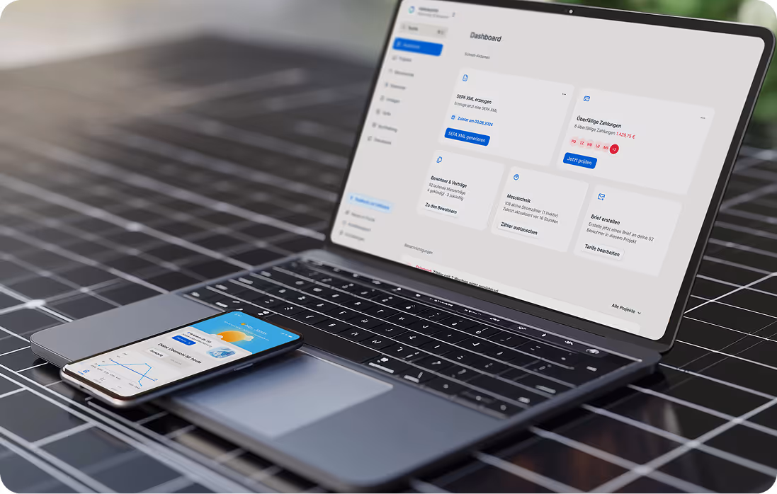 Projektbericht Mieterstrom Mönchengladbach: Laptop mit metergrid Software, die zur Verwaltung des Projekts verwendet wird