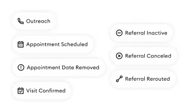 PicassoMD app showing a log of patient outreach for a referral